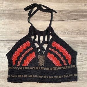 Beautiful Cropped Crochet Halter Tie Tank Top Size M In Black/Red/Olive Green